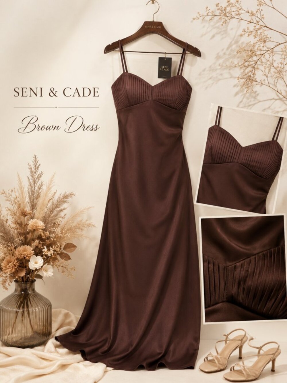 Seni & Cade Brown Pintuck Satin Sleeveless Maxi Dress Size S NWT